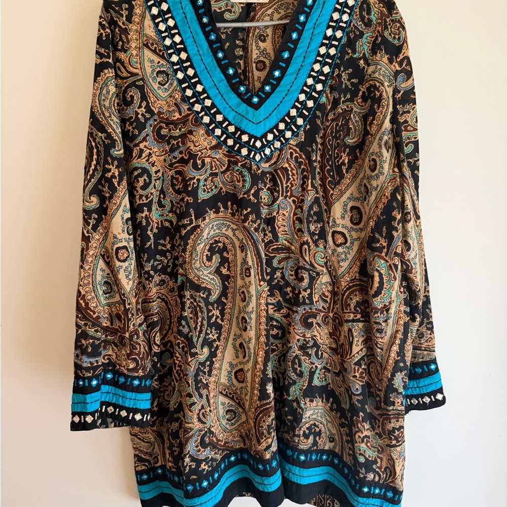 Soft Surroundings Teal and Black Paisley V‑Neck Tunic